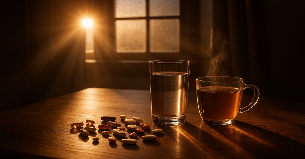 Epic morning fasting scene with supplements and sunlight