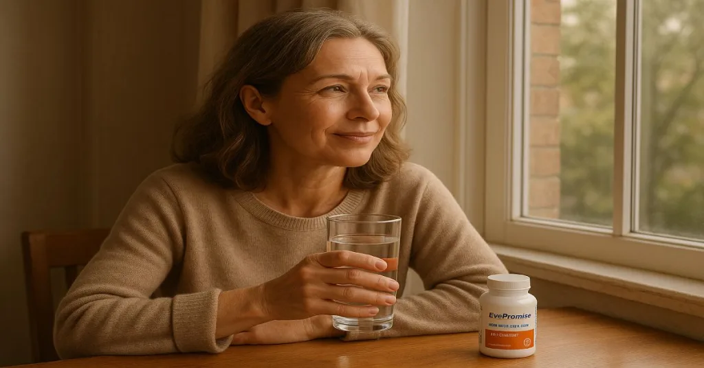 Woman taking EyePromise Zeaxanthin + Lutein supplement at home