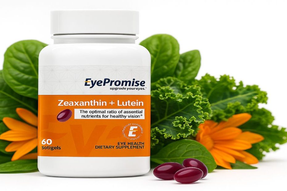 EyePromise Zeaxanthin + Lutein bottle with spinach, kale, and marigold petals showing natural lutein and zeaxanthin sources.