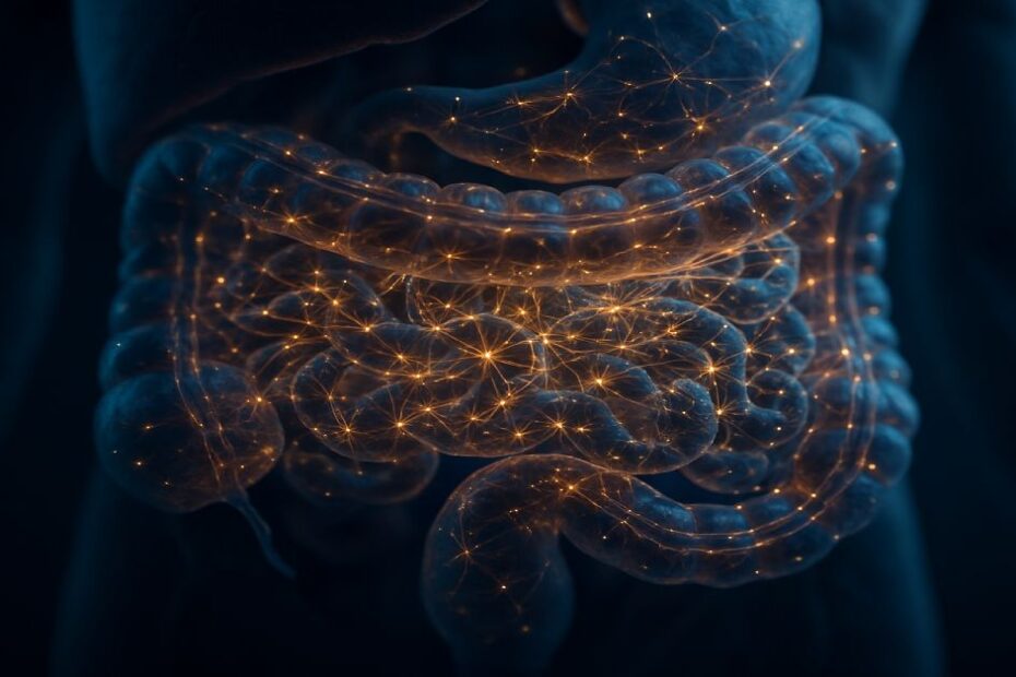 Cinematic visualization of a glowing human gut microbiome network representing the future of gut health supplements for 2026