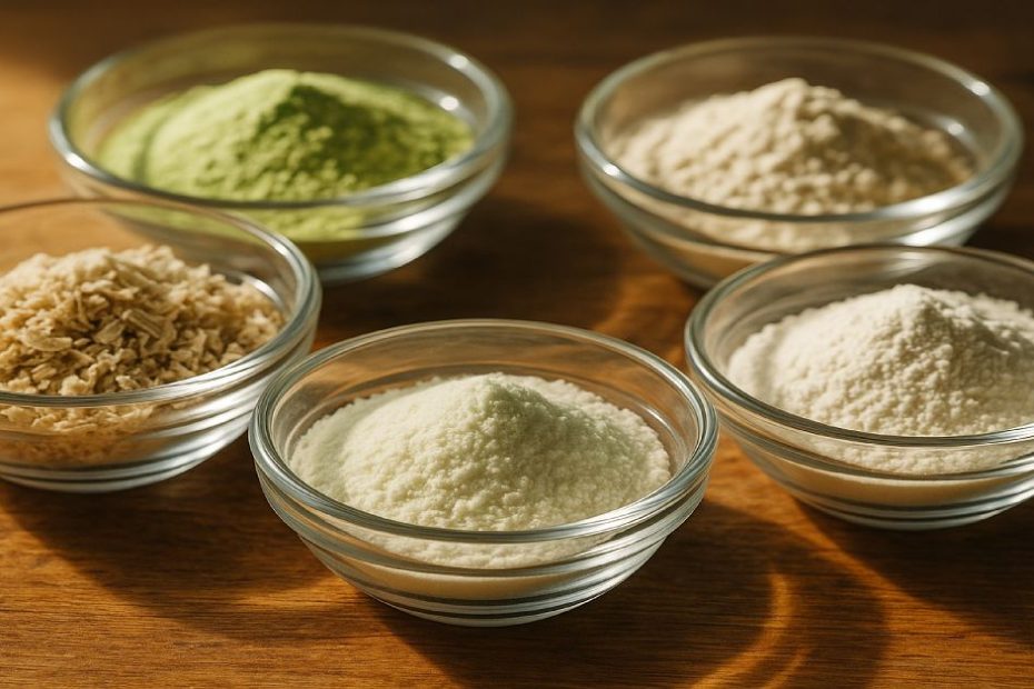 gut-soothing ingredients like marshmallow root, slippery elm, and L-glutamine arranged on a wooden surface