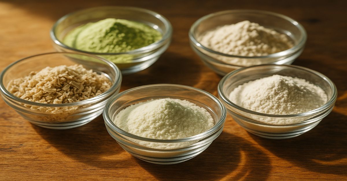 gut-soothing ingredients like marshmallow root, slippery elm, and L-glutamine arranged on a wooden surface