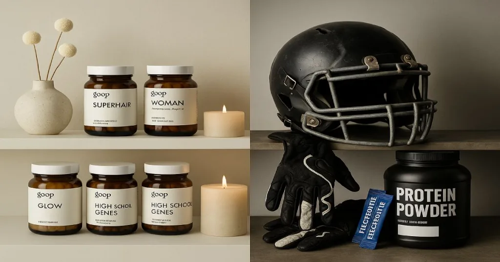 Goop supplements displayed on a luxury shelf contrasted with sports gear and supplements on an athletic shelf.