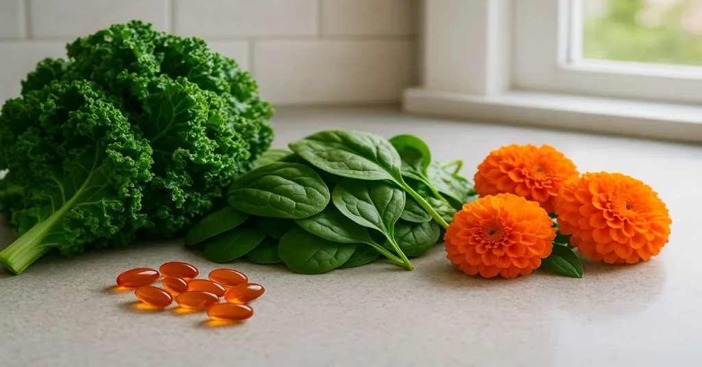 Lutein and zeaxanthin supplement ingredients like kale, spinach, and marigolds