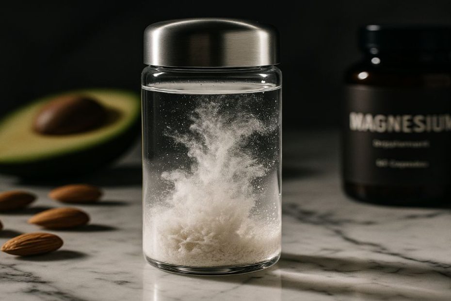 cinematic still life of magnesium drink and magnesium-rich foods