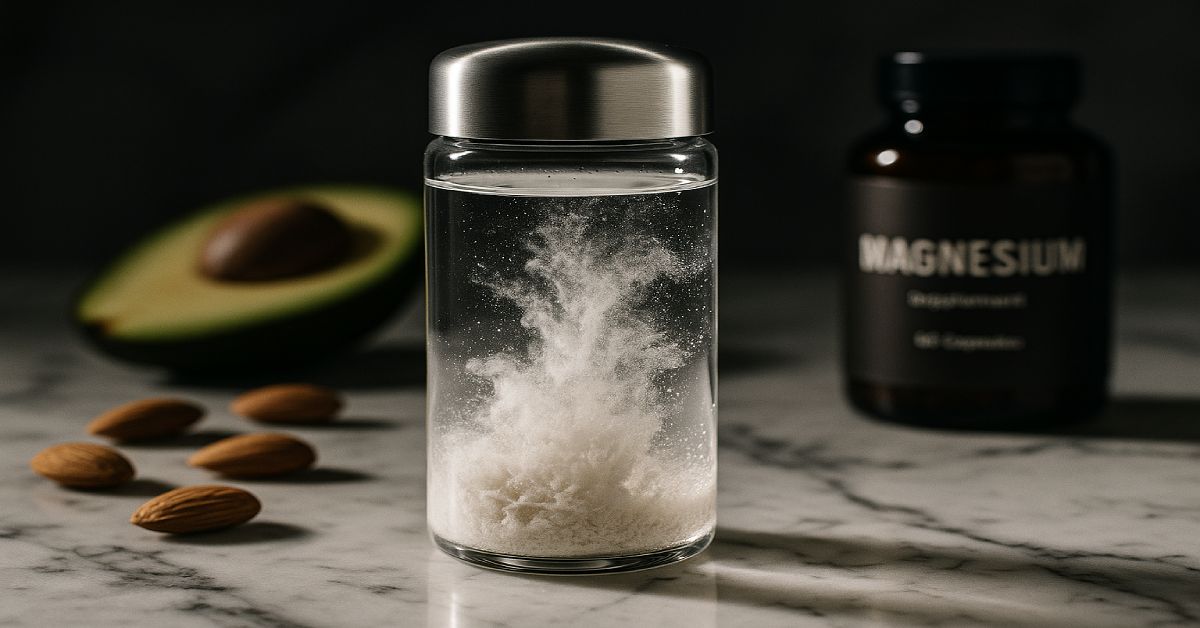 cinematic still life of magnesium drink and magnesium-rich foods