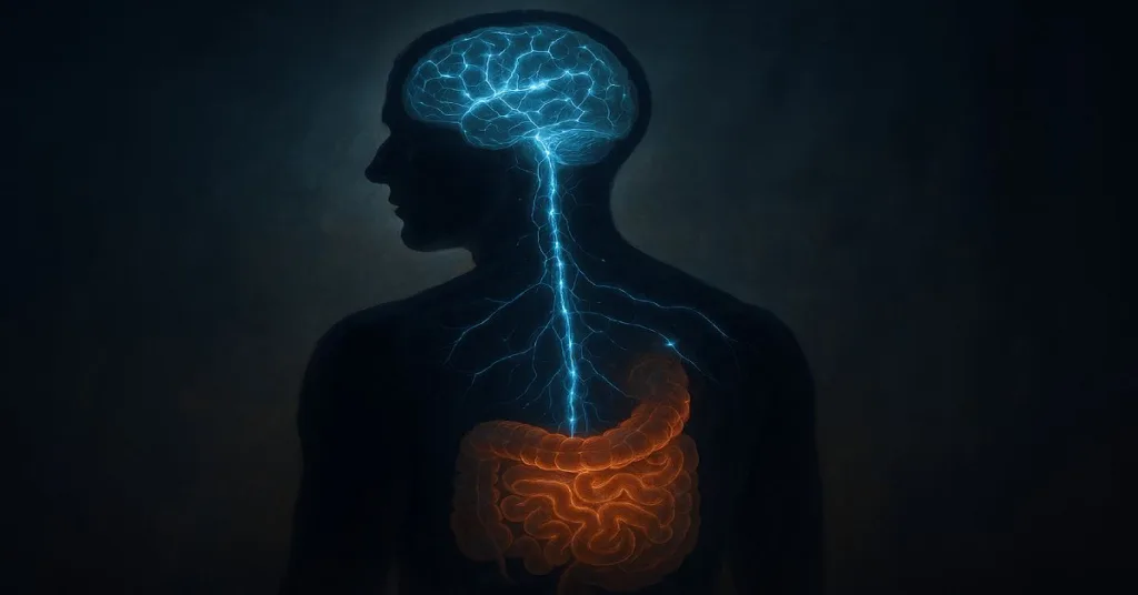 Cinematic scientific illustration showing neural connections between the brain and gut to highlight psychobiotic gut-brain communication