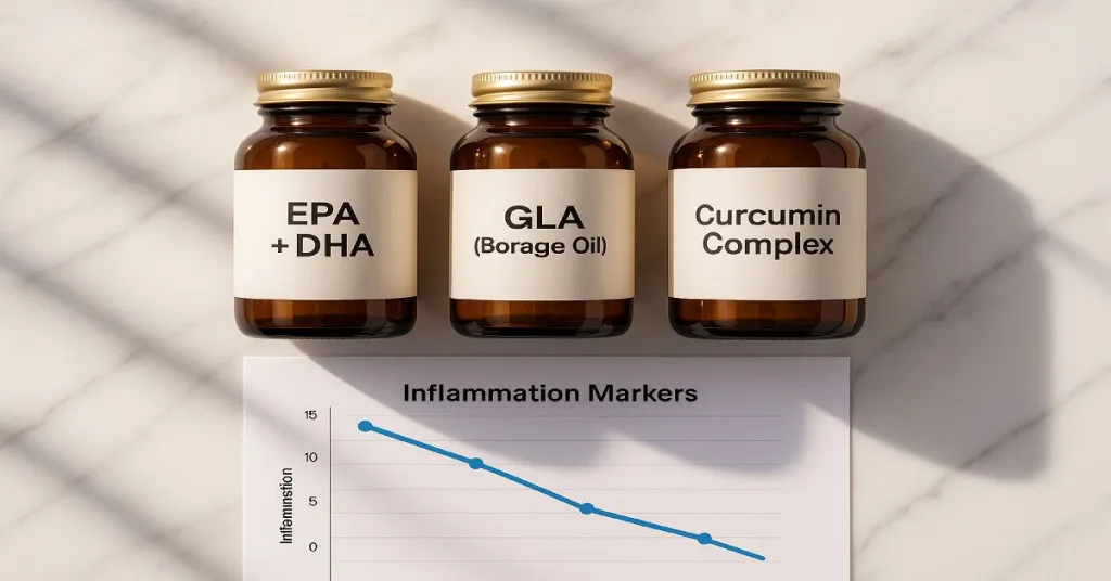 Premium bottles of omega-3, GLA, and curcumin supplements beside inflammation chart