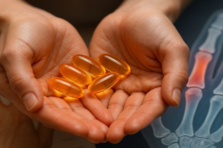 Close-up of fish oil capsules with inflamed joint illustration in background