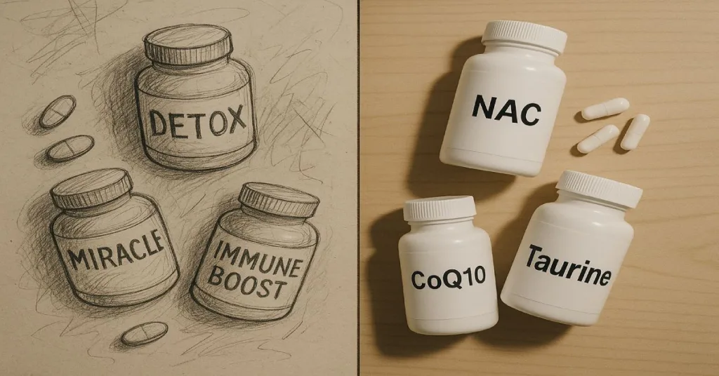 Fake supplement clutter contrasted with legitimate evidence-based products.