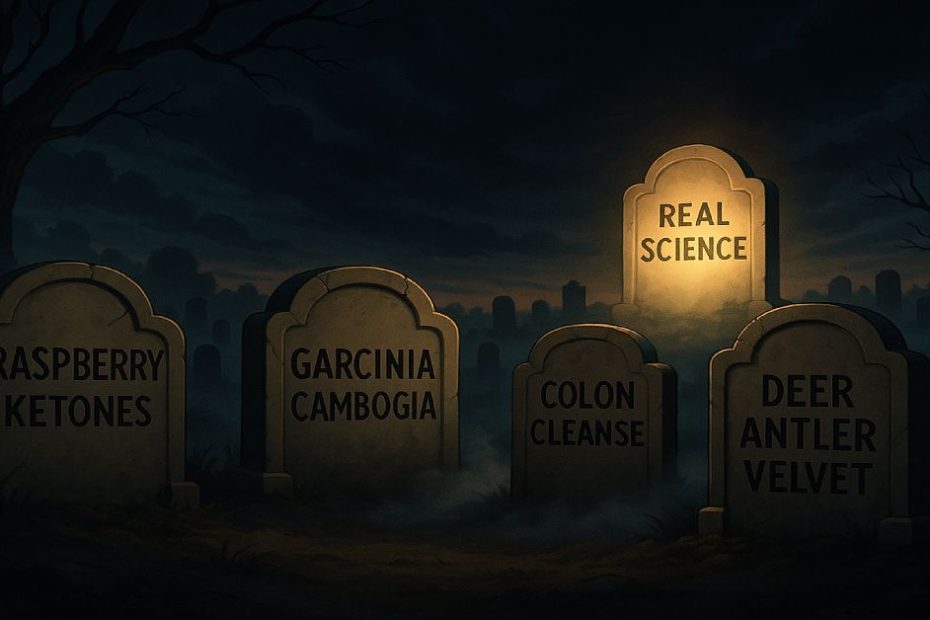 Graveyard of failed supplements like raspberry ketones, garcinia, colon cleanses, and deer antler velvet.