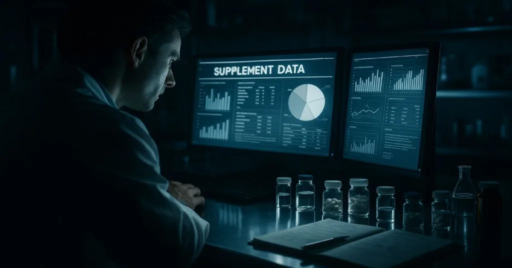 Scientist in lab analyzing supplement ingredients and clinical data.