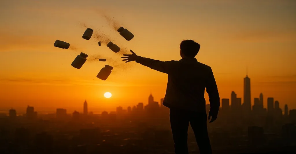 Person discarding fake supplements as the sun rises, symbolizing truth and renewal.
