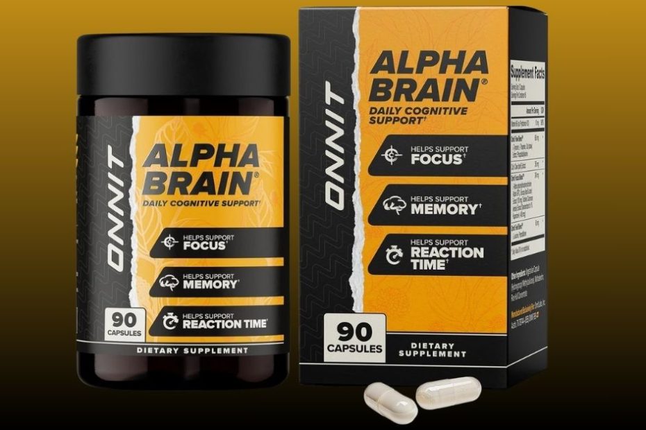 ONNIT Alpha Brain bottle on a dark background – nootropic supplement product photo