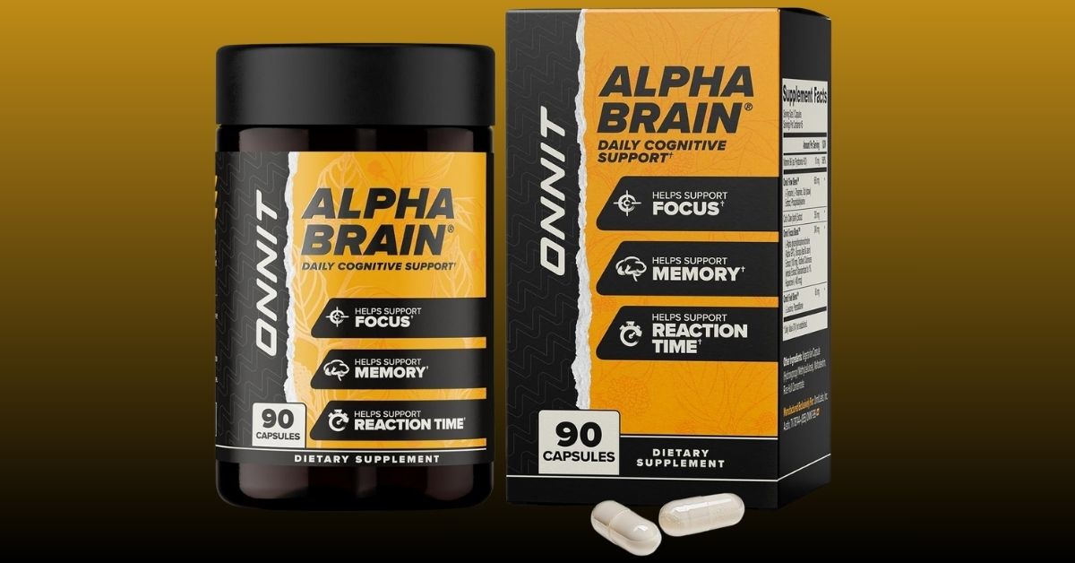 ONNIT Alpha Brain bottle on a dark background – nootropic supplement product photo