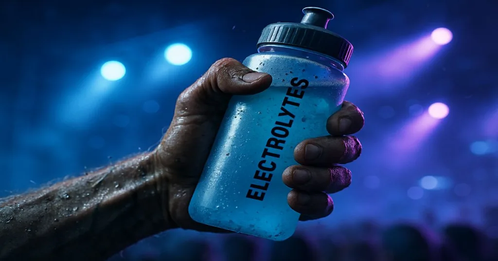 dehydrated festivalgoer gripping an electrolyte bottle with stage lights behind