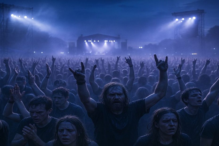 Music festival crowd at dusk raising hands toward the stage during a high-energy rock show