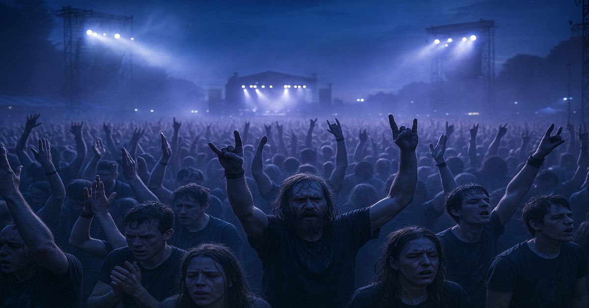 Music festival crowd at dusk raising hands toward the stage during a high-energy rock show
