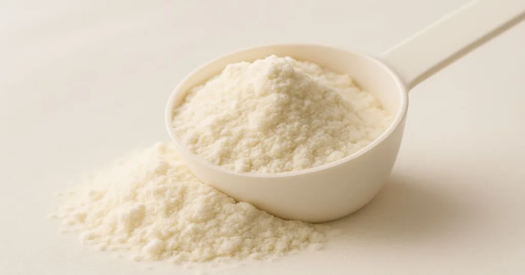 Scoop of grass fed colostrum powder representing pure, natural supplement.