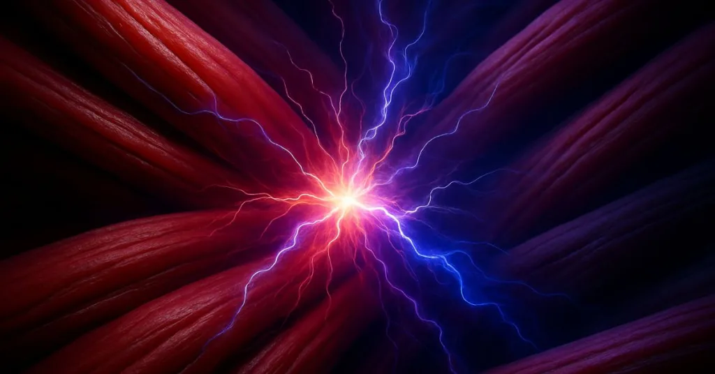 Abstract energy burst symbolizing improved strength and recovery at the cellular level.