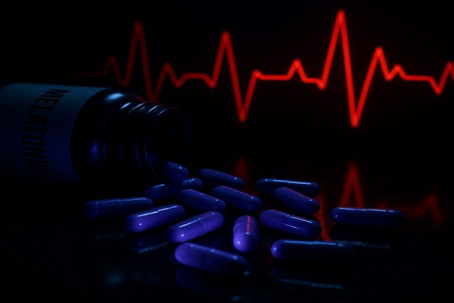 Spilled melatonin capsules on dark surface with red heart-rate graph symbolizing heart risk