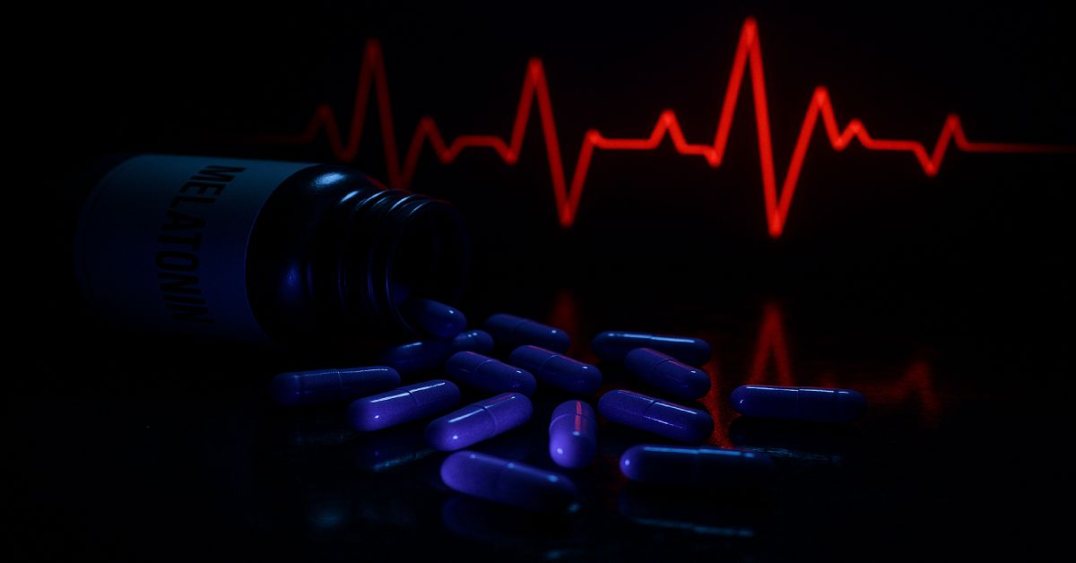 Spilled melatonin capsules on dark surface with red heart-rate graph symbolizing heart risk