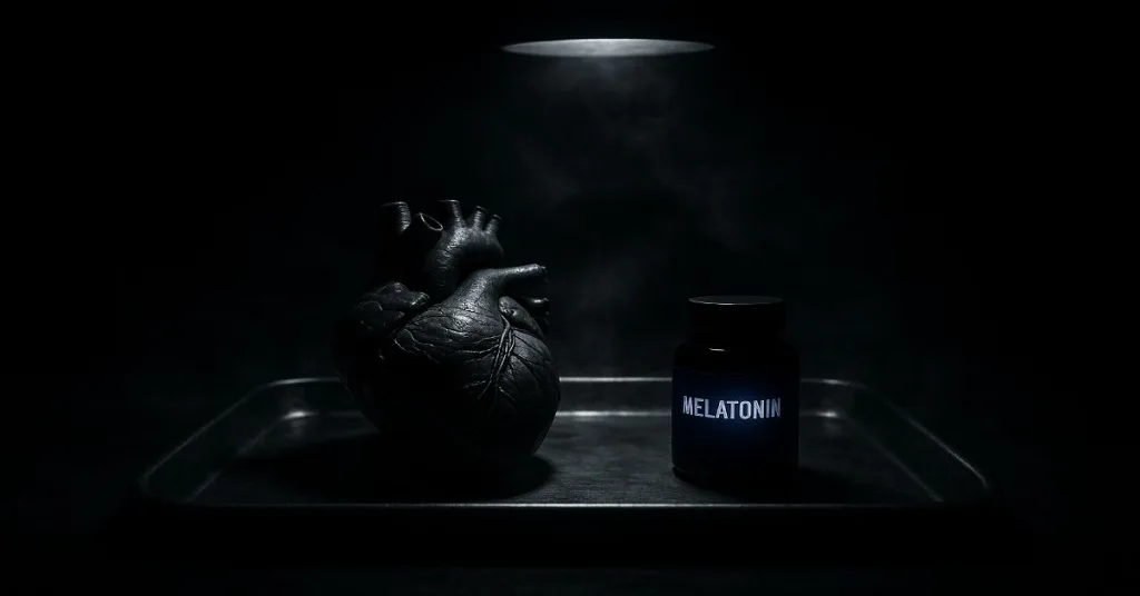 Dark medical scene with a heart model next to melatonin bottle under harsh spotlight
