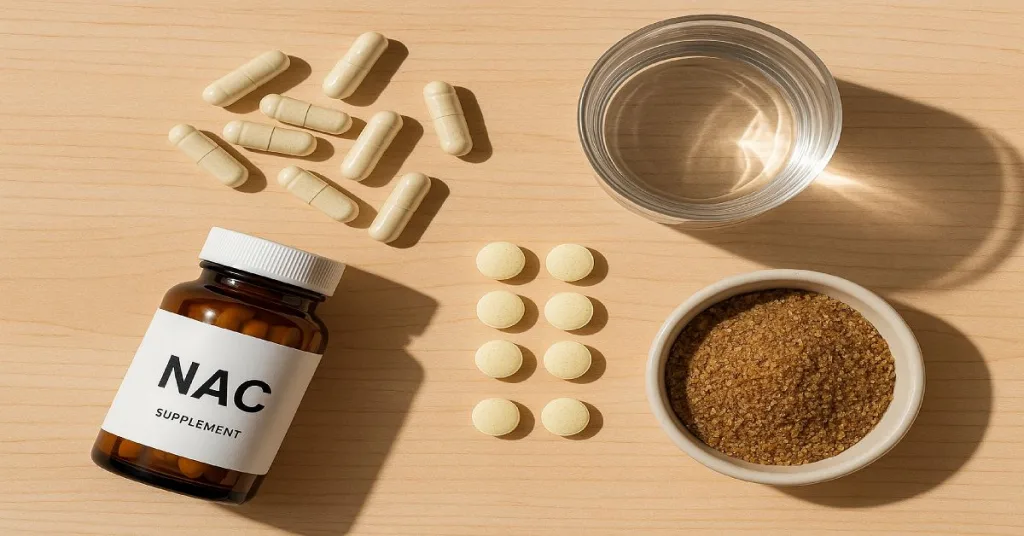 probiotics NAC vitamin C and flaxseed on table showing natural gut detox support