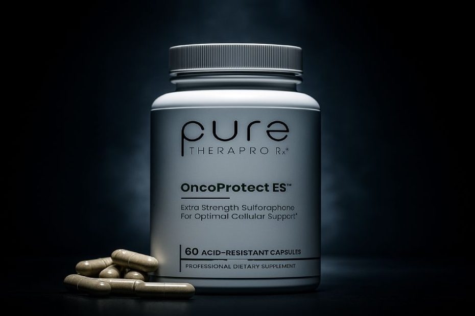 OncoProtect ES bottle on dark cinematic background