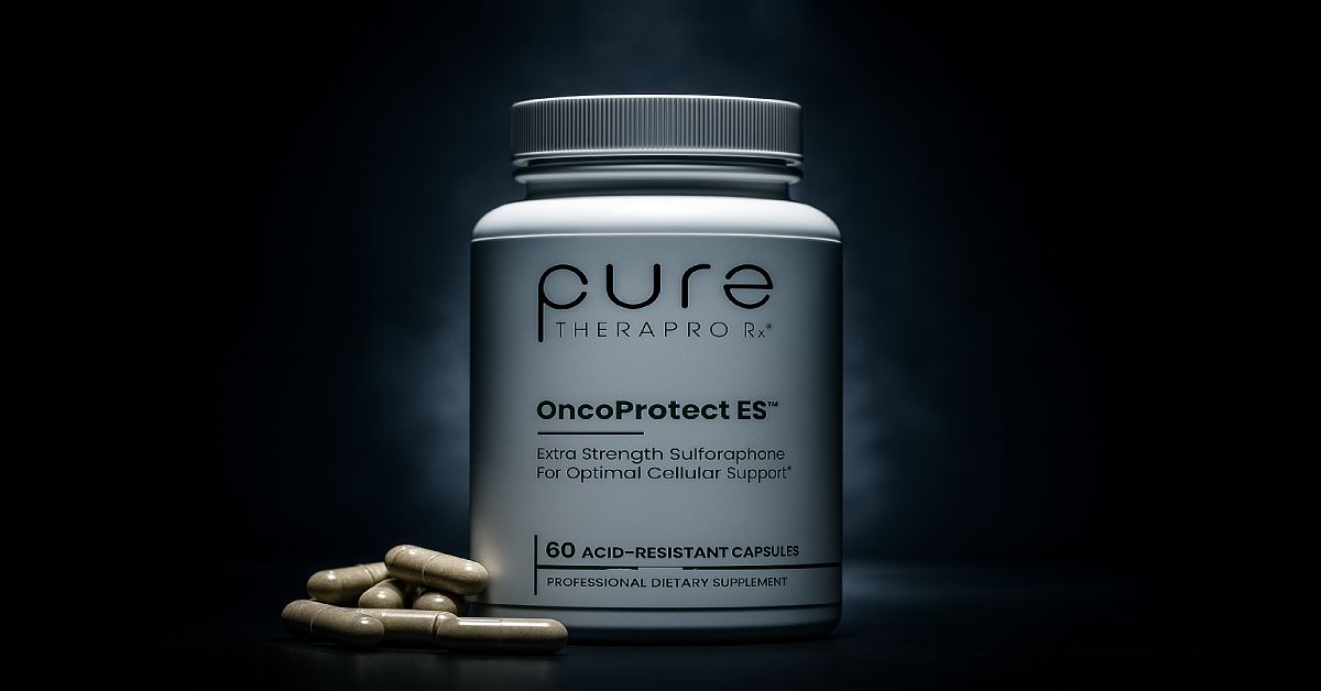 OncoProtect ES bottle on dark cinematic background