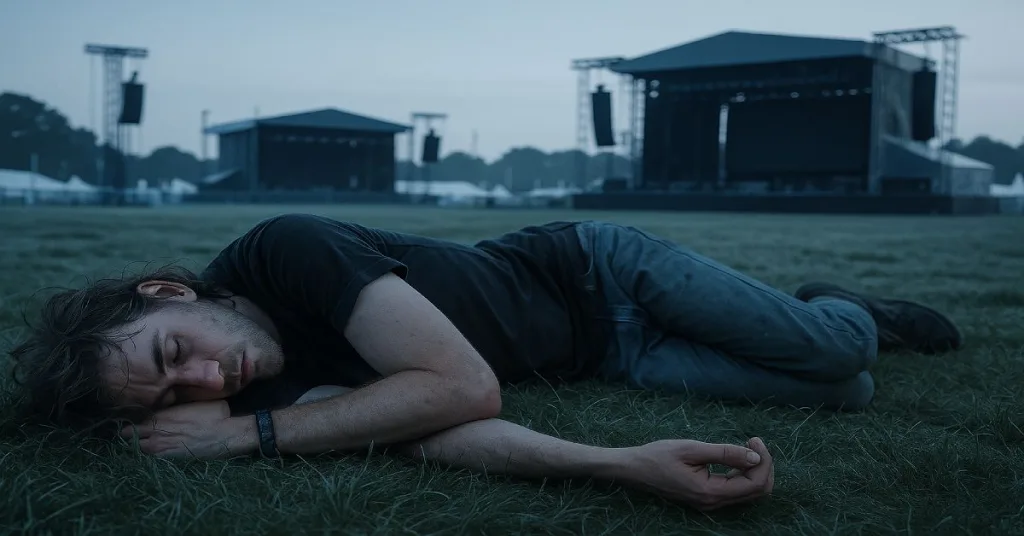 tired festival attendee resting in morning grass after days of concerts