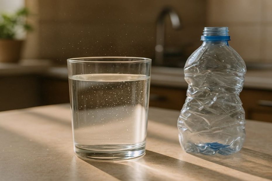 glass of water next to crushed plastic bottle representing microplastics contamination