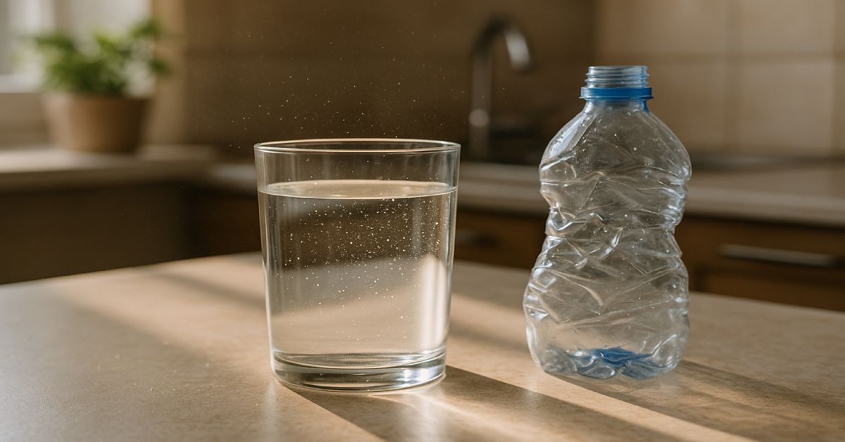 glass of water next to crushed plastic bottle representing microplastics contamination