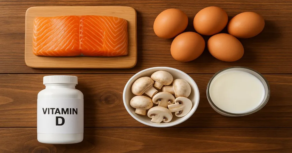 Vitamin D-rich foods and supplement bottle displayed on a wooden surface