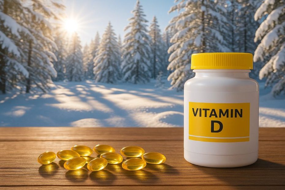 Vitamin D supplement bottle and capsules on snowy windowsill symbolizing winter sunlight loss