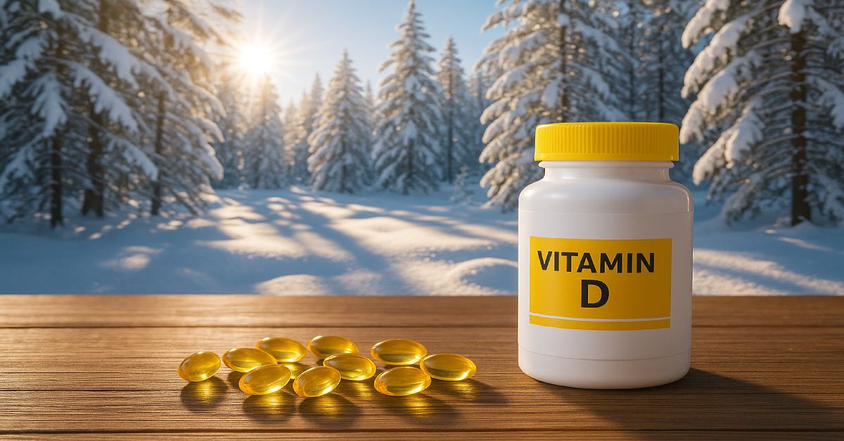 Vitamin D supplement bottle and capsules on snowy windowsill symbolizing winter sunlight loss