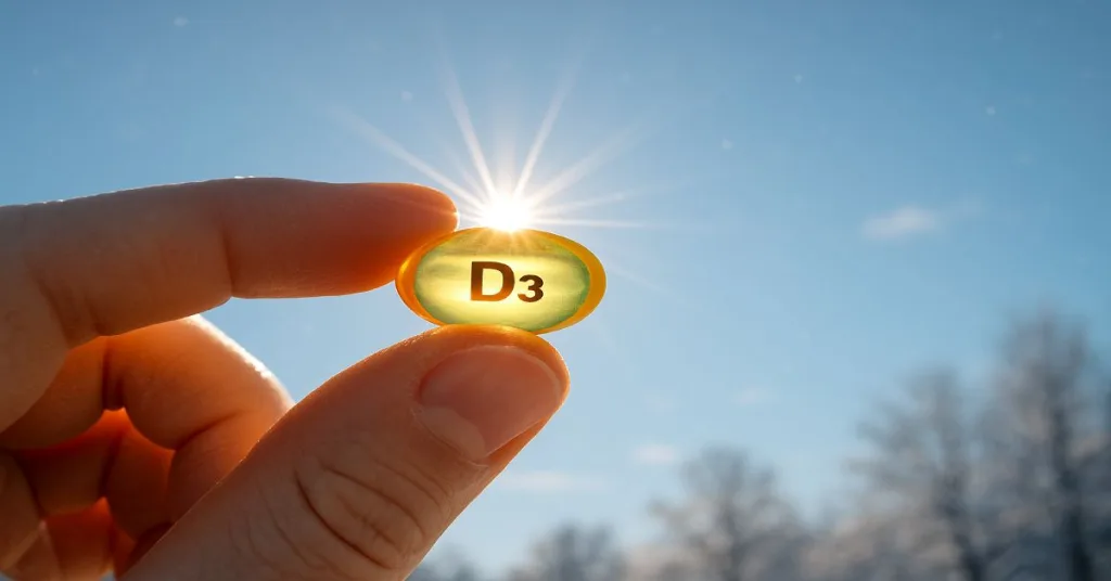 Hand holding vitamin D3 softgel capsule against winter sun